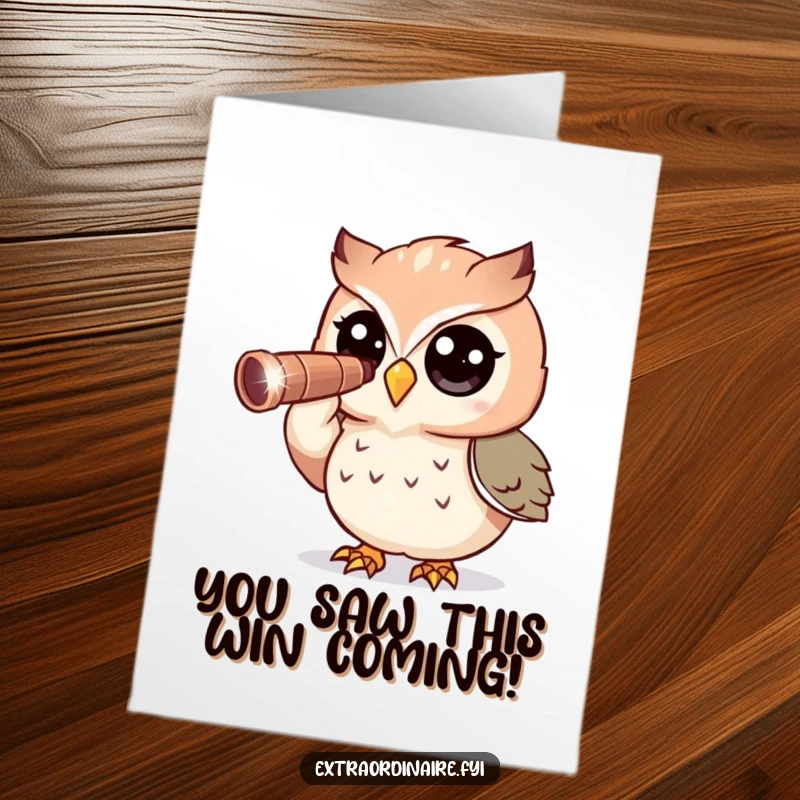 Funny Free Printable Congrats Card: A curious owl uses a glittering telescope to spot and celebrate a wonderful achievement.