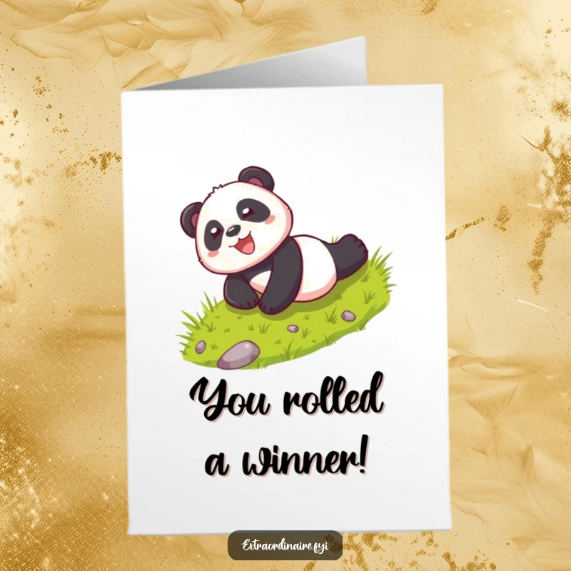 Funny Free Printable Congrats Card: A playful panda tumbles down a hill with delight, celebrating success with unrestrained happiness.