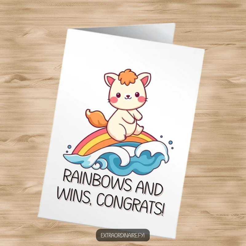 Funny free printable congratulations card: A happy animal gracefully rides a colorful rainbow, waving joyfully. A symbol of success!