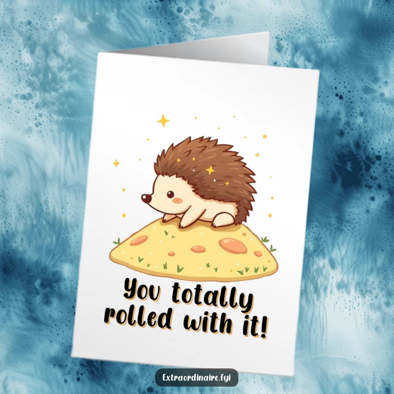 Funny Free Printable Congratulations Card: A happy hedgehog gleefully rolls down a hill, surrounded by a magical glow of stardust.