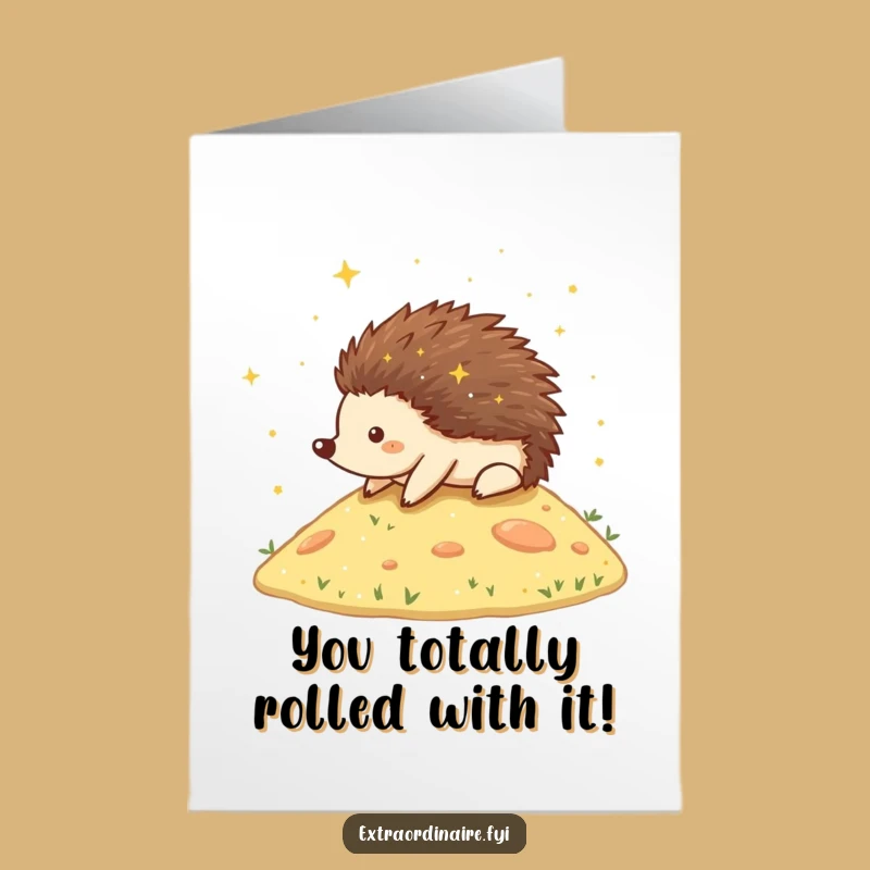 Free Printable Congrats Card: Sparkling Hedgehog rolling to celebrate your amazing achievement!