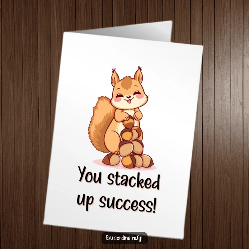 Funny Free Printable Congrats Card: A giggling squirrel proudly displays its massive stack of acorns.