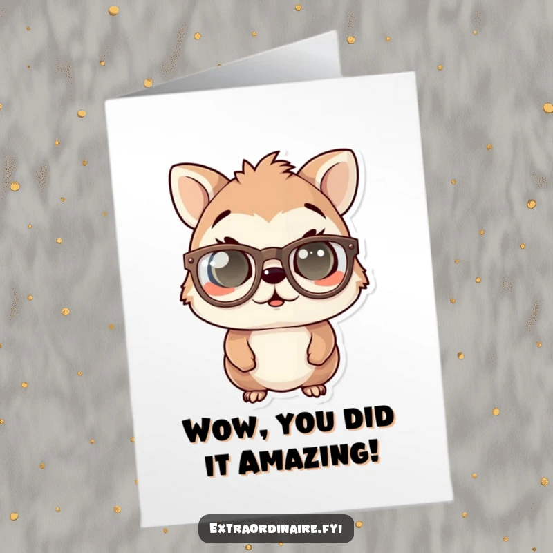 Funny free printable congratulations card: An animal comically startled behind enormous glasses, eyes wide with surprise. Priceless reaction!