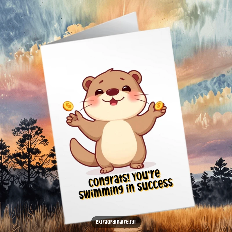 Funny Free Printable Congratulations Card: An otter character skillfully juggling a pile of golden coins.