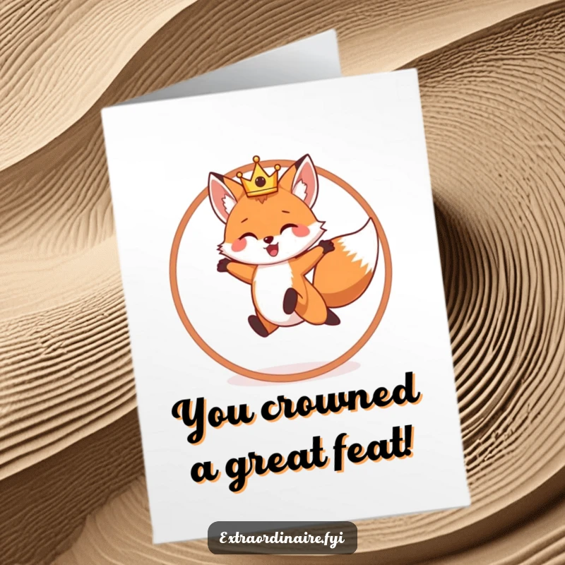 Funny Free Printable Congratulations Card: A cheerful fox in a crown triumphantly leaps through a hoop, celebrating success.