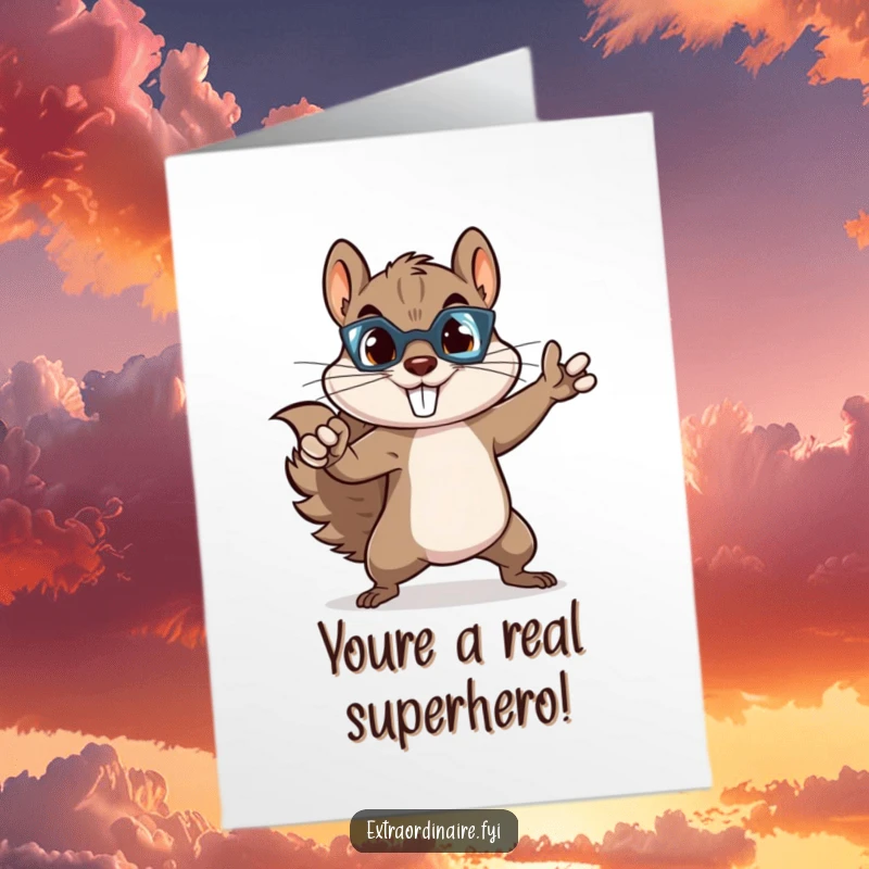 Funny Free Printable Congratulations Card with a superhero squirrel striking a dynamic pose.