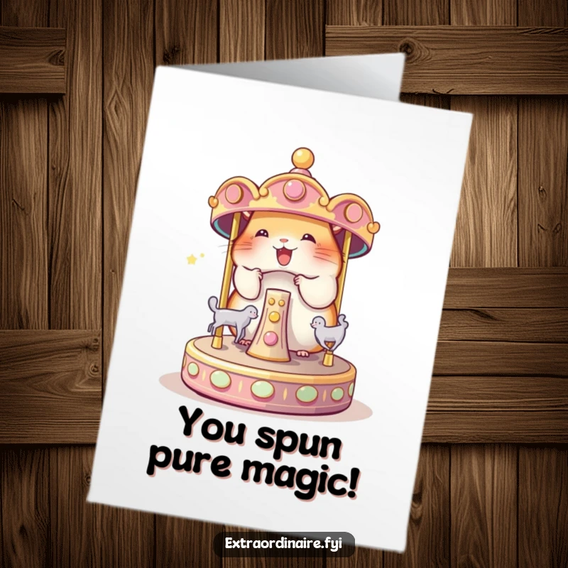 Funny Free Printable Congratulations Card: A delighted hamster spins a tiny, magical carousel, celebrating your amazing achievement.