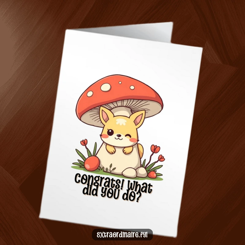 Funny Free Printable Congratulations Card: A mischievous animal hiding behind a large mushroom, peeking out with playful cunning.