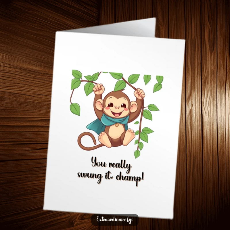 Funny Free Printable Congratulations Card: A happy monkey in a tiny cape swings from a vine, celebrating your success.