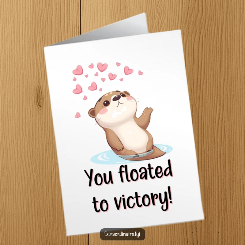 Free Printable Congratulations Card: A happy otter floating, enjoying a gentle shower of colorful flower petals.