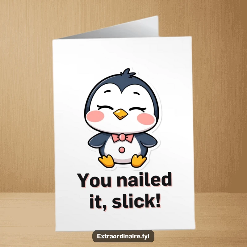 Funny Free Printable Penguin Congratulations Card with a dapper penguin delivering a suave wink for stylish well wishes.