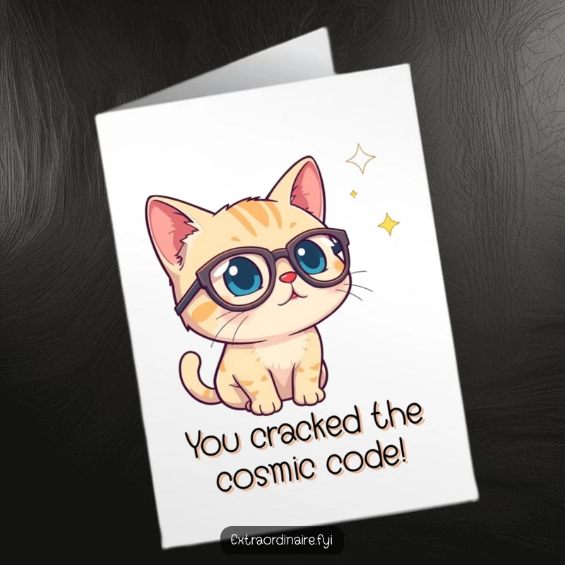 Funny Free Printable Congratulations Card showing a cat with big glasses peering into space, celebrating cosmic success.