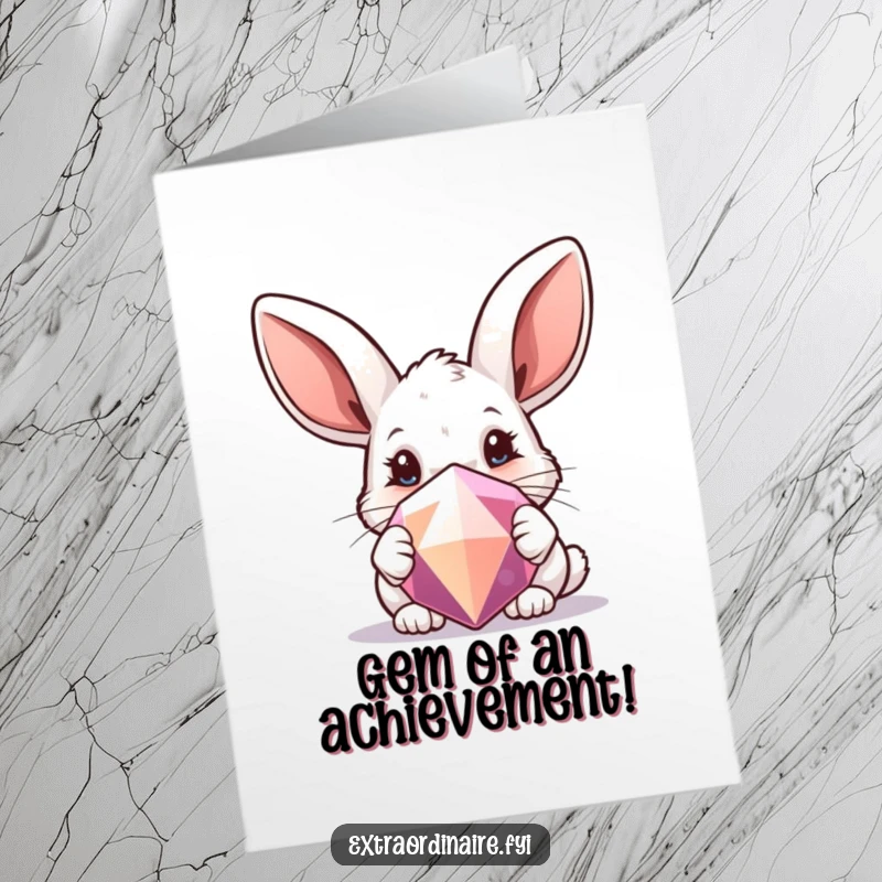Funny Free Printable Congratulations Card: A curious rabbit with oversized ears peeks from behind a sparkling gem, celebrating discovery.