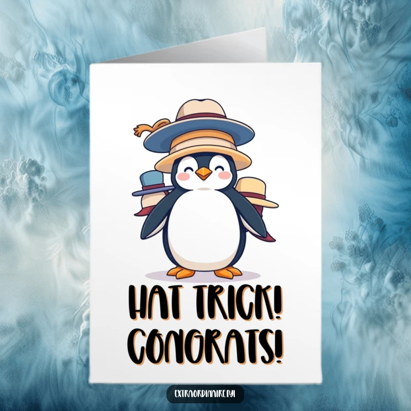 Funny Free Printable Congrats Card: A silly penguin hilariously balancing a precarious stack of oversized hats, celebrating success.