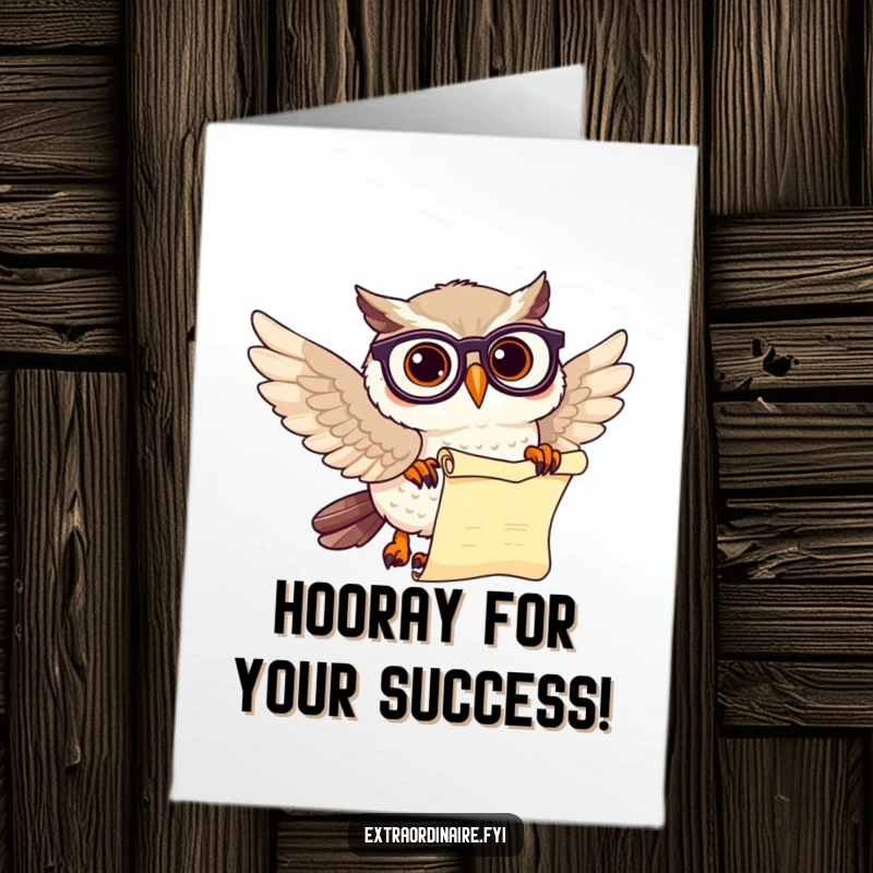 Funny Free Printable Congratulations Card: A smart owl with spectacles and scroll, offering humorous well wishes for success.