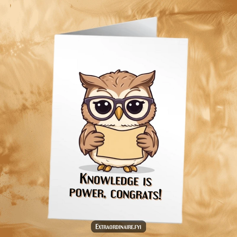 Free Printable Congratulations Card with a wise owl wearing glasses, reading a scroll.