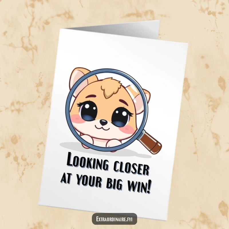 Funny Free Printable Congratulations Card: Curious animal character intently peeking through a giant magnifying glass at success.