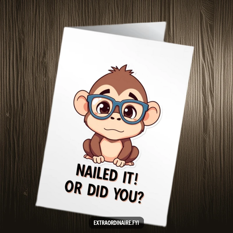 Funny Free Printable Congratulations Card showing a silly monkey in oversized glasses looking hilariously perplexed about something.