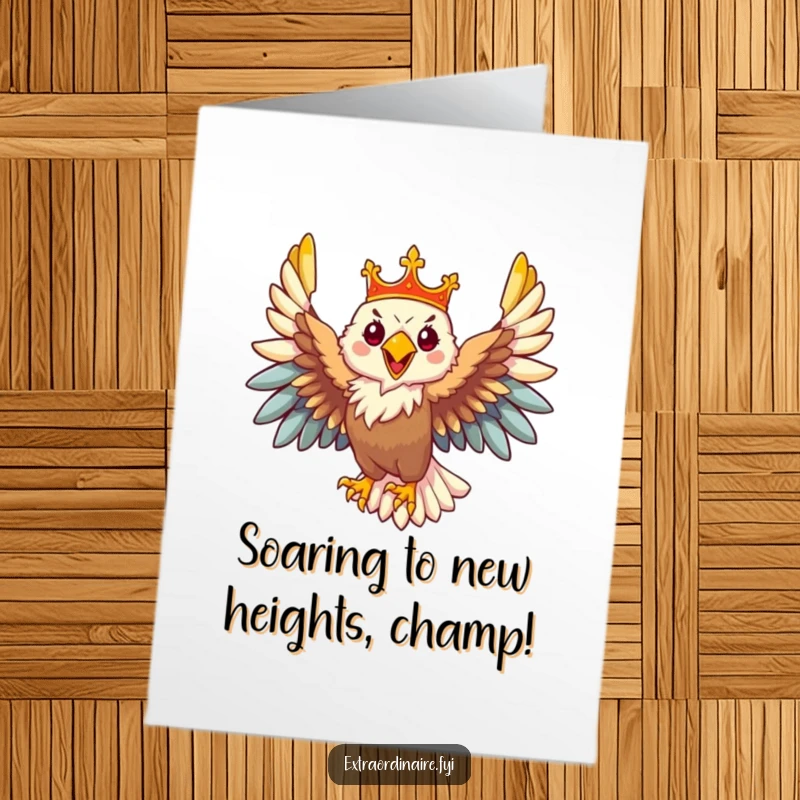 Funny Free Printable Congratulations Card featuring a majestic eagle wearing a crown, soaring triumphantly to mark success.