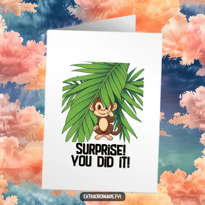Funny Free Printable Congrats Card: Mischievous monkey peeking from behind a giant palm leaf, celebrating secretly.