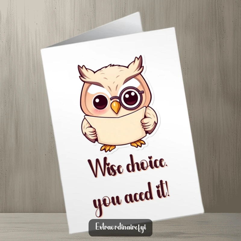 Funny Free Printable Congrats Card: An owl with a monocle and scroll, signifying smart congratulations.