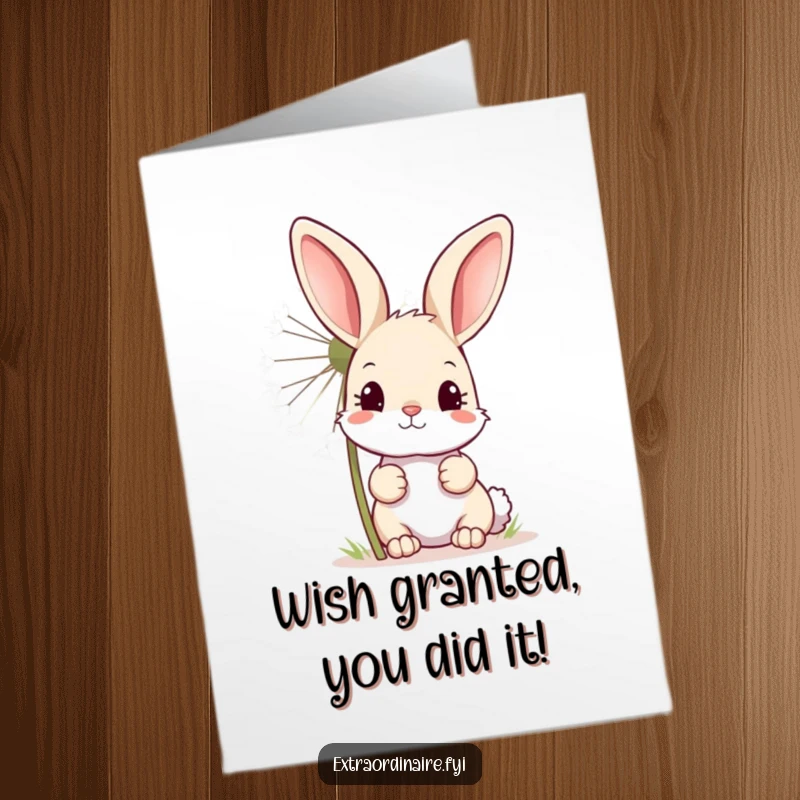 Funny Free Printable Congratulations Card: A curious bunny peeks out from behind a huge, sparkling dandelion in congratulation.