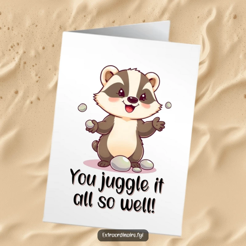Free Printable Congratulations Card: A delighted badger character juggling shiny pebbles, symbolizing skill and a bright future.