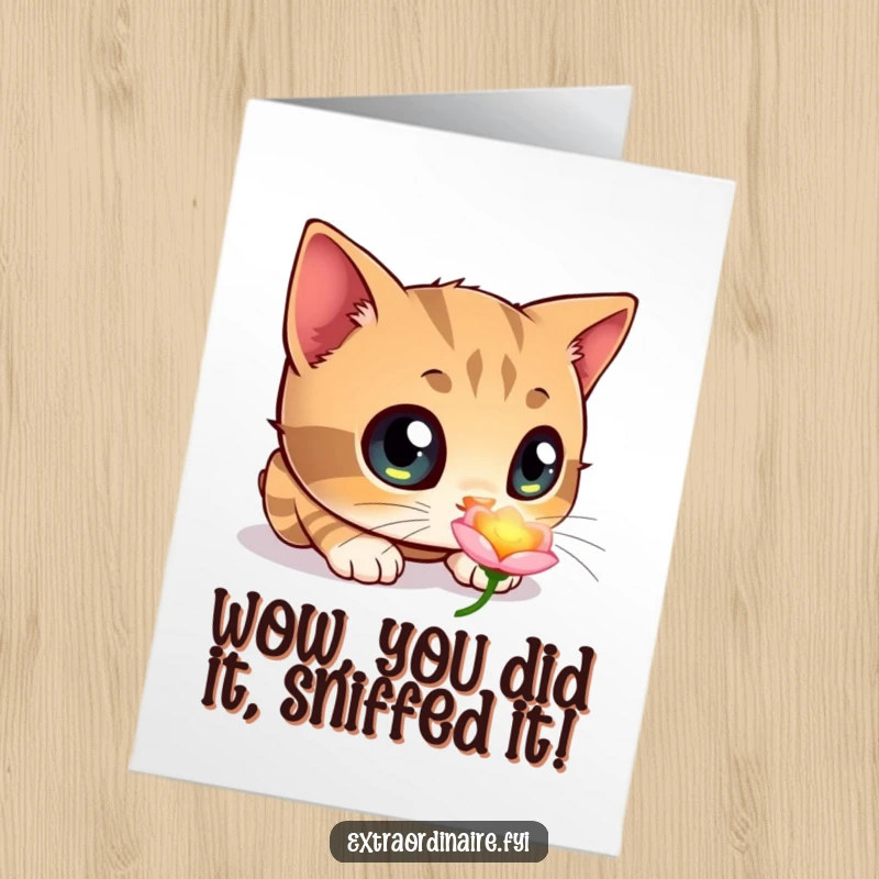 Funny Free Printable Congratulations Card with a curious cat's big eyes focused on a luminous, enchanting flower.