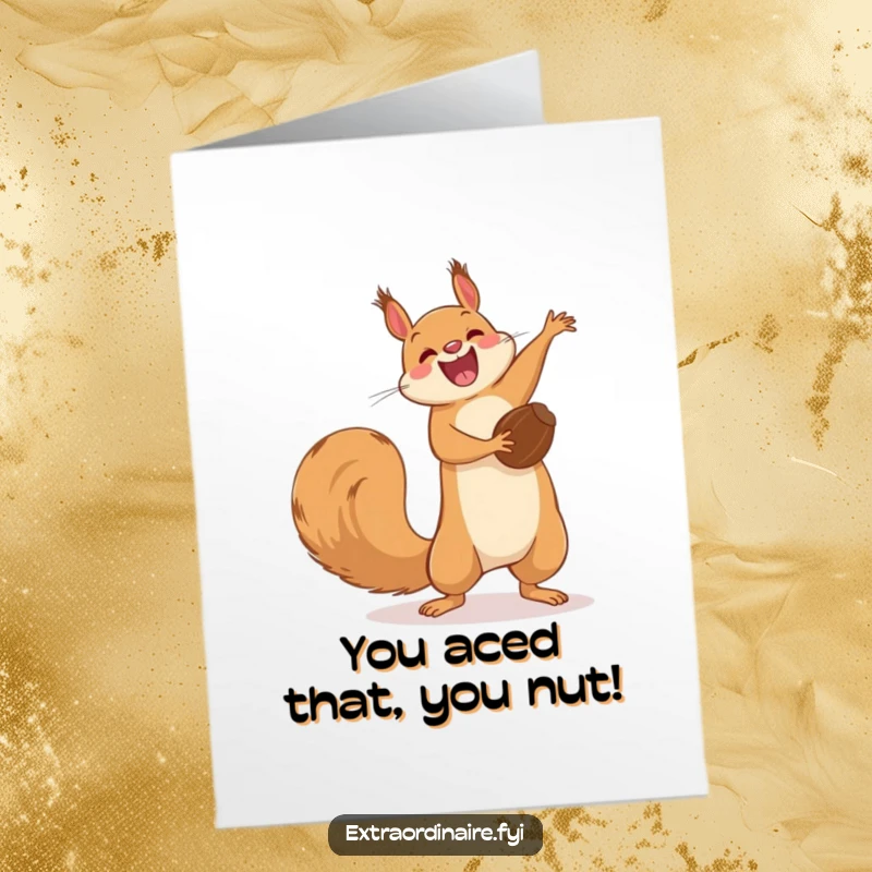Funny Free Printable Congratulations Card: A joyful squirrel performs an acrobatic flip with a nut, celebrating your success.