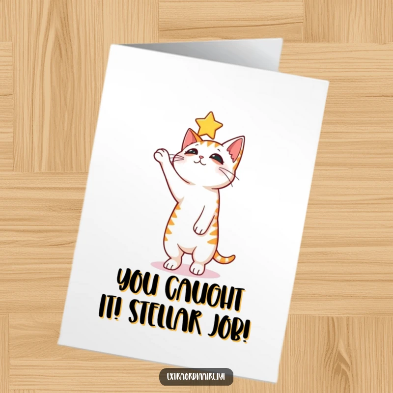 Funny Free Printable Congratulations Card of a curious cat balancing on hind legs, triumphantly reaching for a bright floating star.
