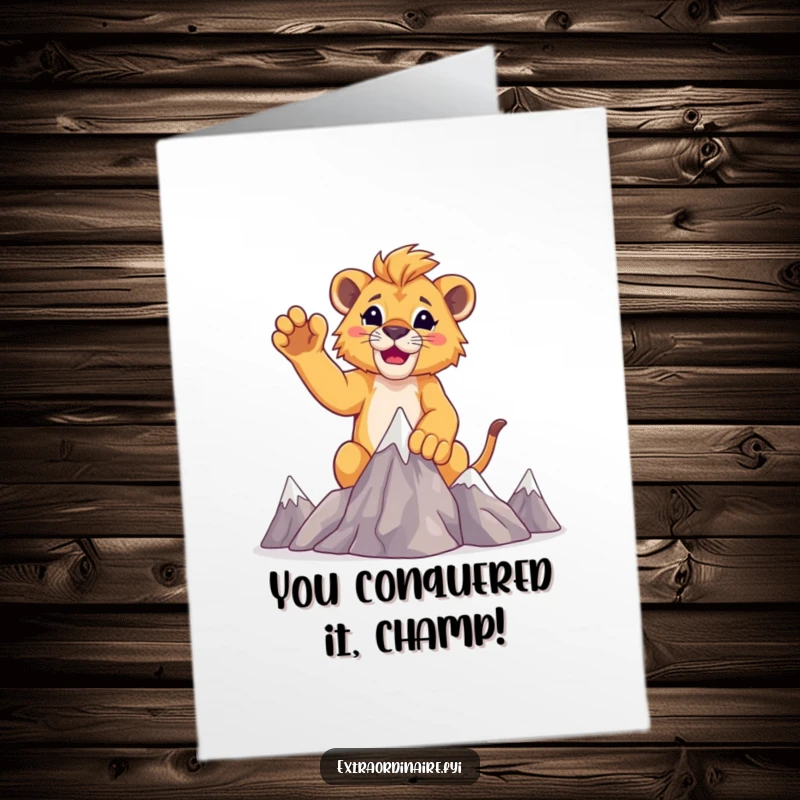 Funny Free Printable Congratulations Card: A proud lion cub with paws raised high, celebrating a great accomplishment.