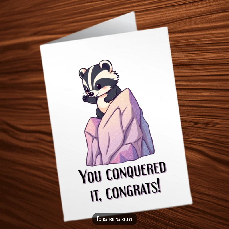 Free Printable Congratulations Card showcasing a brave badger scaling a small glittery mountain.