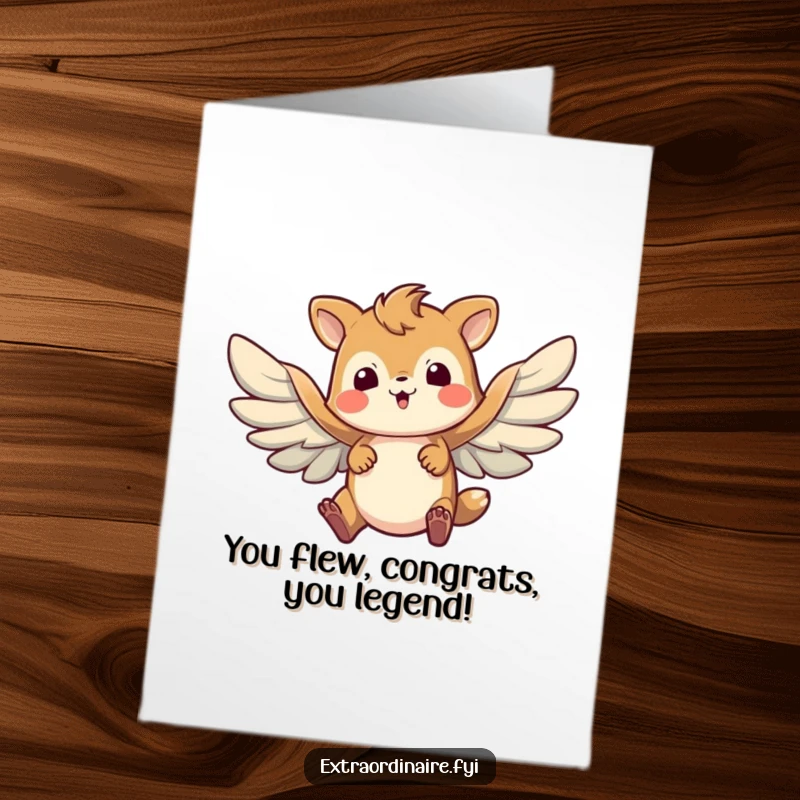 Funny free printable congratulations card: A plucky animal comically flapping wings, striving to fly. A metaphor for ambition!