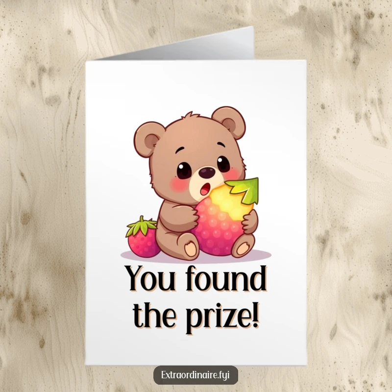 Funny Free Printable Congratulations Card: A cute bear cub looking amazed at an enormous, brightly glowing berry.