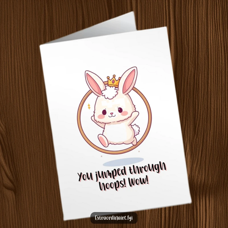 Funny Free Printable Congrats Card: Fluffy bunny wearing a tiny crown leaps through a hoop, celebrating success with royal flair.