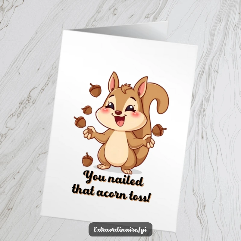 Funny Free Printable Congratulations Card showing a cheerful squirrel juggling acorns, celebrating a successful achievement with focus and a grin.
