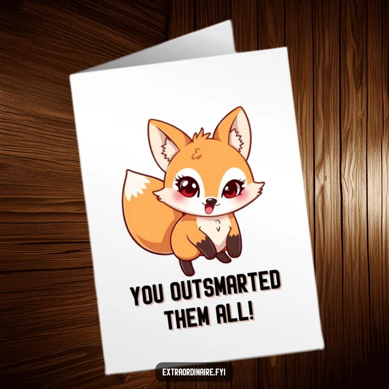 Funny Free Printable Congratulations Card: A cunning fox with a mischievous twinkle in its eye celebrates success with a playful pounce.