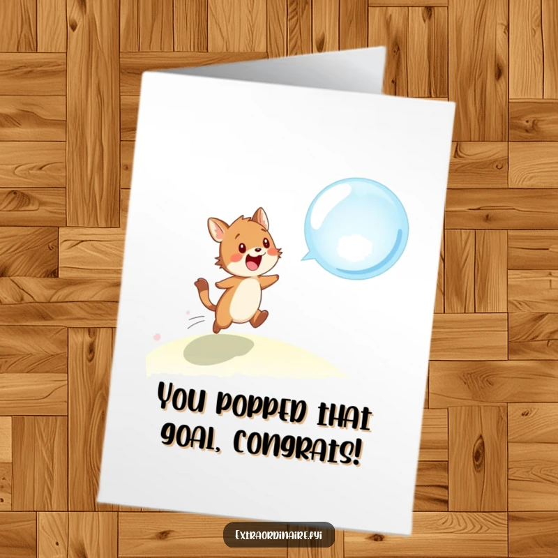 Funny free printable congratulations card: A comical animal enthusiastically chasing a floating, iridescent bubble. Perfect for celebrating achievements!
