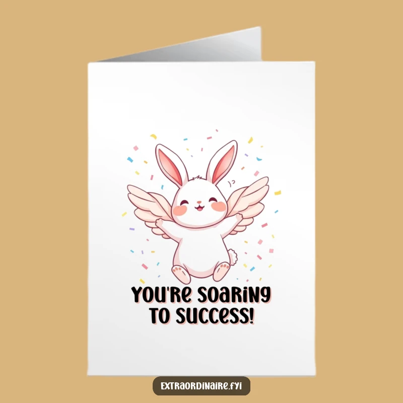 Free Printable Congratulations Card: Winged Rabbit Ascending in Confetti Celebration