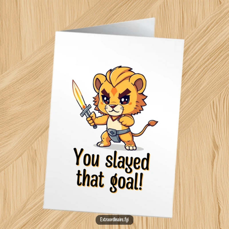 Funny Free Printable Congratulations Card showing a determined lion cub wielding a tiny glowing sword, celebrating a grand achievement.