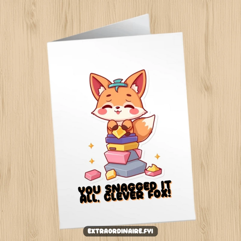 Funny Free Printable Congrats Card: A cunning fox proudly displays a pile of glittering loot, celebrating a job well done.