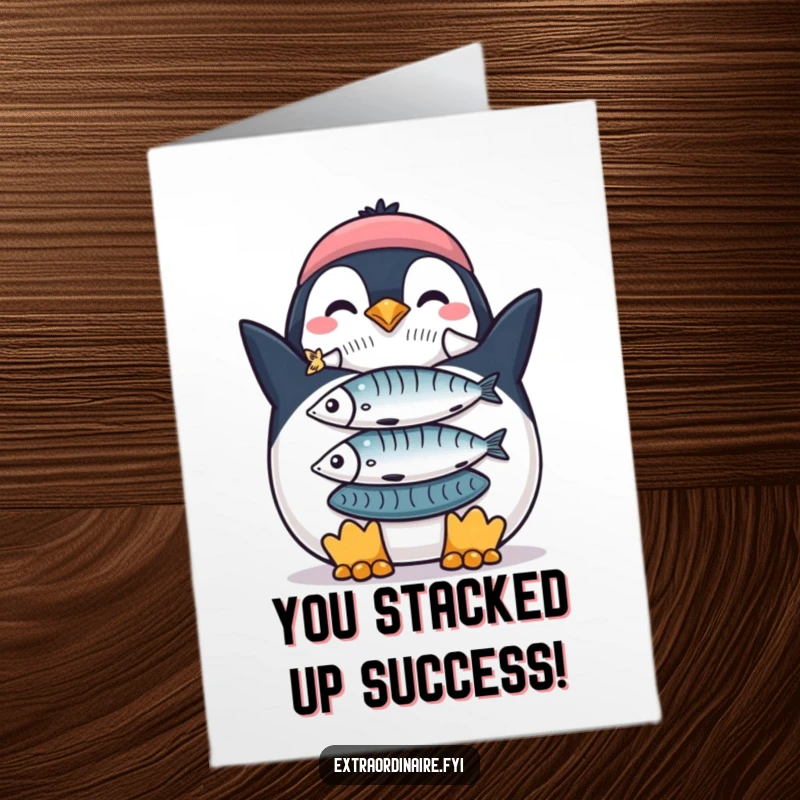Funny Free Printable Congratulations Card: A proud penguin shows off a perfectly balanced stack of fish, celebrating your success.