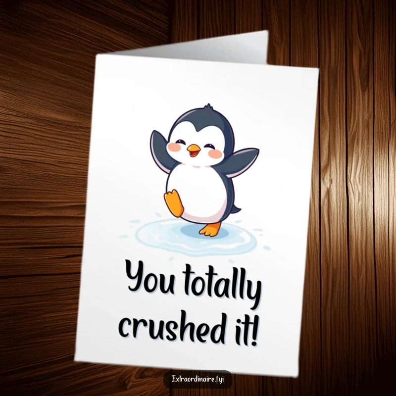 Funny Free Printable Congratulations Card: Adorable penguin performing a joyful, silly dance on a shimmering icy surface.