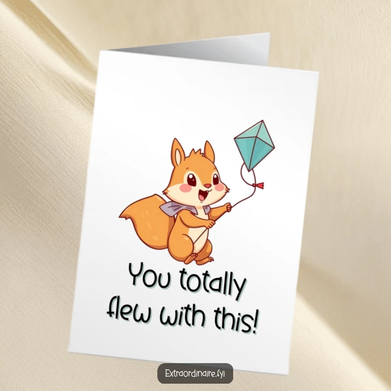 Funny Free Printable Congrats Card: A courageous squirrel gleefully rides a kite soaring through the clouds, marking a spectacular win.