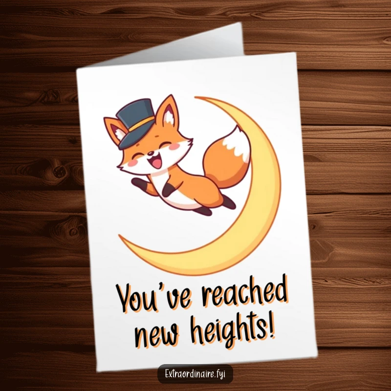 Funny Free Printable Congratulations Card: A fox in a small top hat energetically leaping over a bright crescent moon.