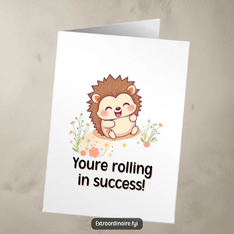 Funny Free Printable Congrats Card: Happy hedgehog rolling downhill with a grin, flowers flying, celebrating success.