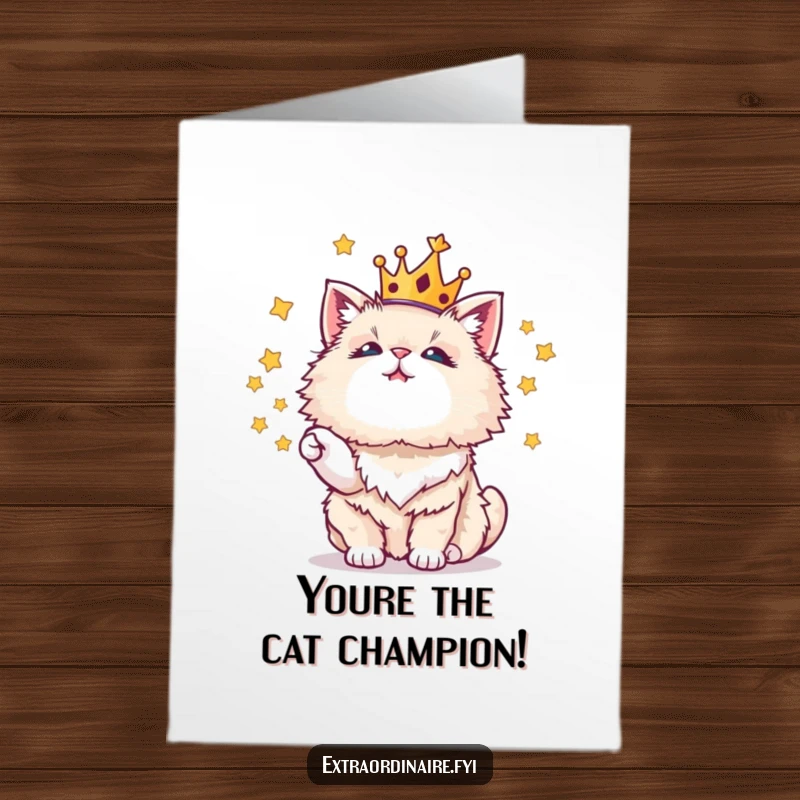 Funny Free Printable Congratulations Card featuring a regal fluffy cat wearing a crown, expertly juggling stars.