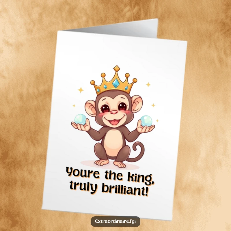 Funny Free Printable Congratulations Card showing a monkey king juggling orbs, celebrating a grand success royally.