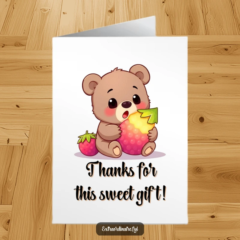 Funny Free Printable Thank You Card: A shocked bear cub encountering a massive, luminous berry, perfect for thanks.