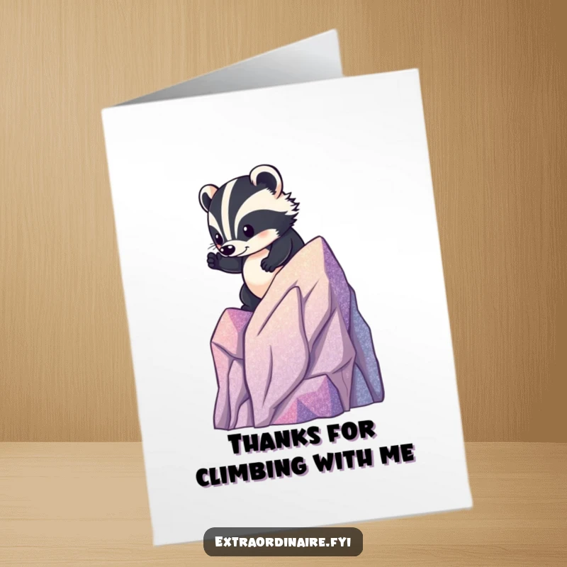 Free Printable Thank You Card featuring a brave badger ascending a tiny, sparkling mountain.